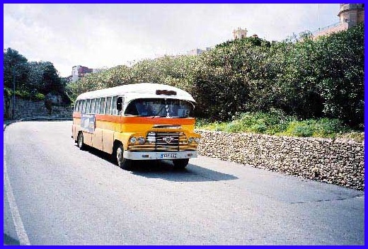 The number 45 Bus on its route down hill from Mellieha Town to Mellieha Bay.